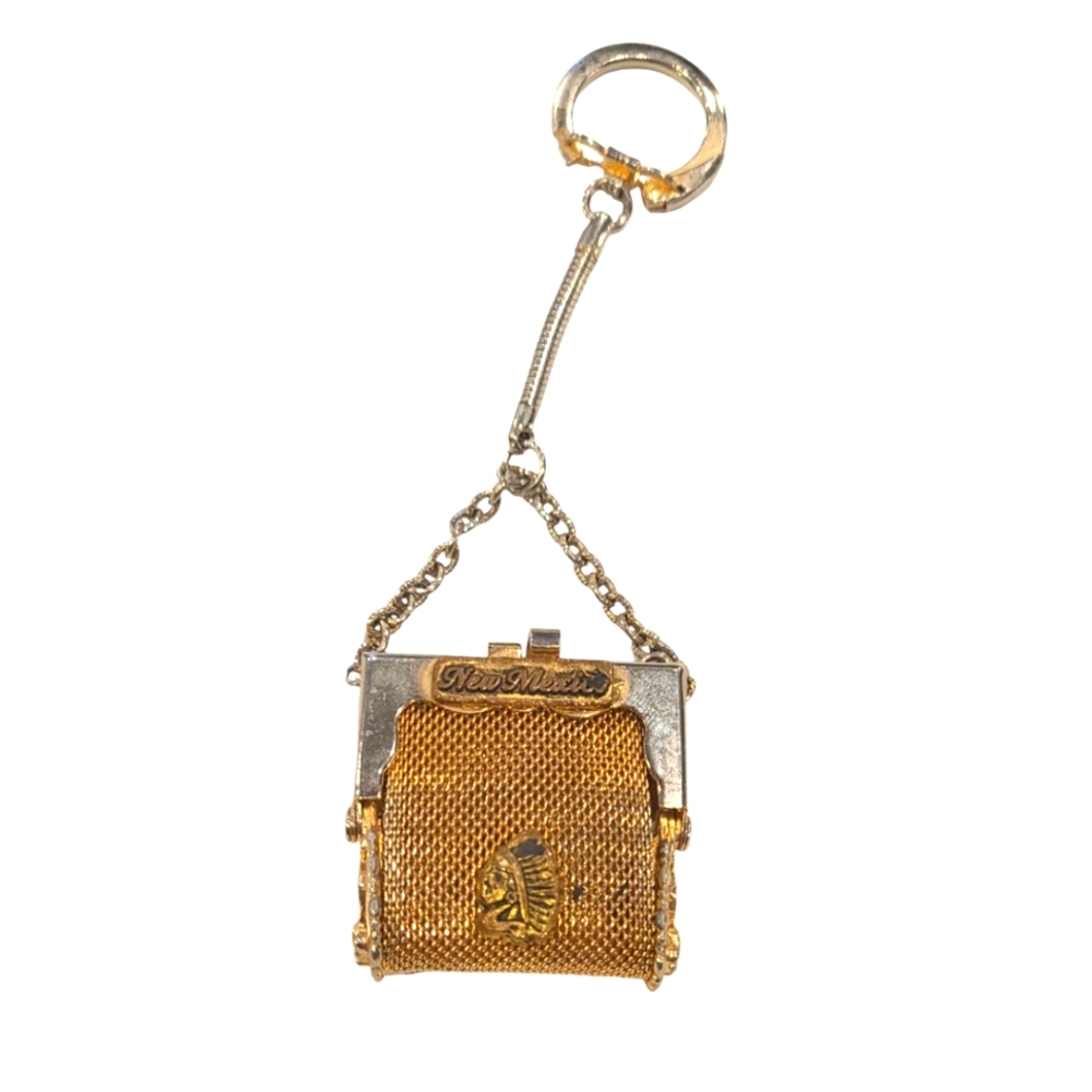 Gold tone Metal Mini Mesh Coin Purse Vintage Keychain New Mexico Chief